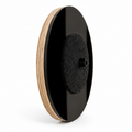 Side profile of round black CentreMount vinyl record wall display with birch plywood edge, black acrylic face, felt centre support and protective centre cap on a white background.