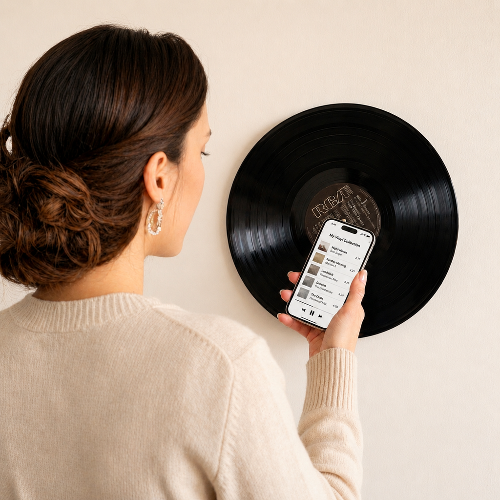 Woman holding a smartphone near a wall-mounted vinyl record to activate hidden NFC, showing a playlist on the phone screen and demonstrating the Melsphera CentreMount vinyl record wall display.